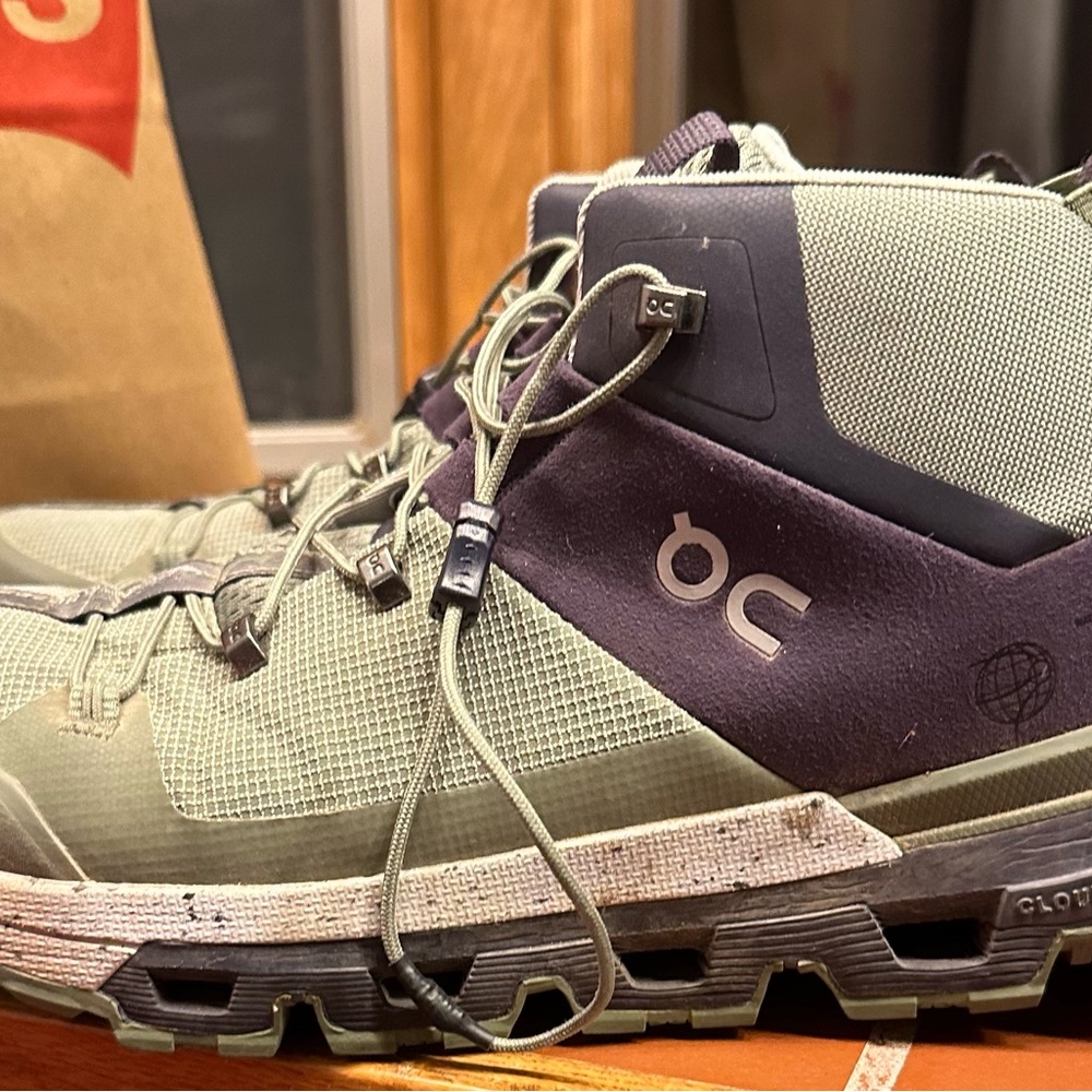 On Running Green and Purple hiking boots with Rugged Sole. Wore on one hike. - Picture 3 of 5
